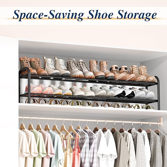ENJOYBASICS 2 Tier Expandable Shoe Rack for Closet, Free Standing Metal Shoe Shelf Storage Organizer Holder 12 Pairs, Adjustable Width Shoe Rack for Entryway Small Space, Black