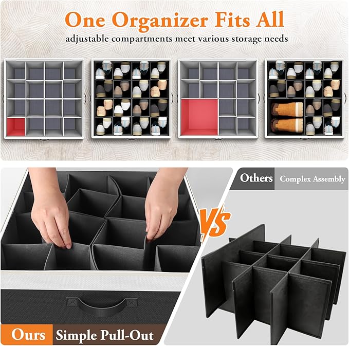 StoreHappily Shoe Organizer for Closet - 2 Packs Hold up to 32 Pairs, Large Shoe Storage Organizer Containers with Adjustable Dividers, Clear Cover, Leather Handles for Heels, Boots, Sneakers (Black)