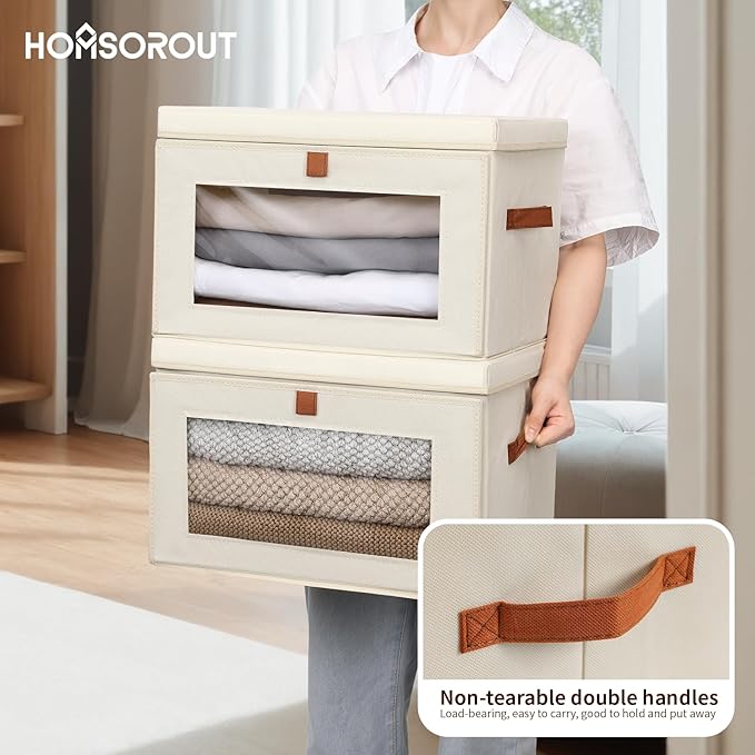 Homsorout Collapsible Storage Bins - Large Closet Organizer with Handles & Window, Decorative Storage Boxes, Fabric Containers for Living Room, Dorm, 4 Pack, Beige