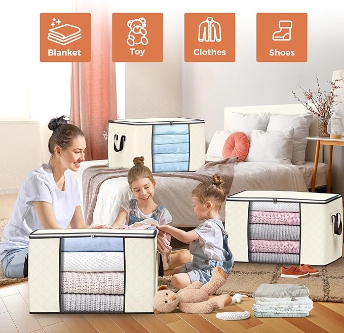 90 L Large Storage Bags, 6 Pack Clothes Storage Bins Foldable Closet Organizers Storage Containers with Reinforced Handle for Clothing, Blanket, Comforters, Bed Sheets, Pillows and Toys (Beige)