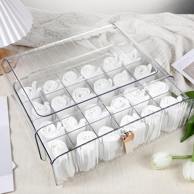 Dimeho 24 Cell Plastic Sock Organizer Underwear Drawer Organizer Acrylic Stackable Storage Drawer Underwear Storage Box with Dividers for Panties Closet Bra Baby Clothes Belts Ties Scarf