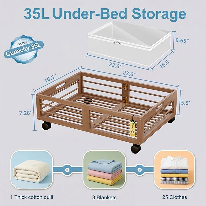 Under Bed Storage Containers with Wheels, Larger Bamboo Wood Under Furniture Storage Containers with Dust Bags，Rolling for Shoes Clothes