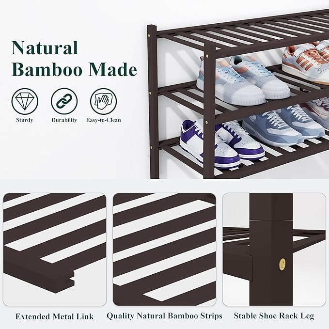 Smiry Bamboo Shoe Rack, 4 Tier Free Standing Wooden Shoe Organizer, Stackable Wood Shoe Storage Shelf for Closet, Entryway, 14 Vertical Slats, 2+2 Stack Heavy-Duty Legs, 26.8"x11"x26", Brown