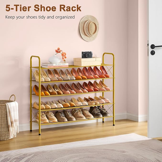Hoctieon 5 Tier Shoe Rack for Closet, Durable Mesh Style Shoe Rack, Entryway Shoe Shelf, Shoe Storage Organizer for Hallway, Bedroom, Living Room, Wardrobe, Gold