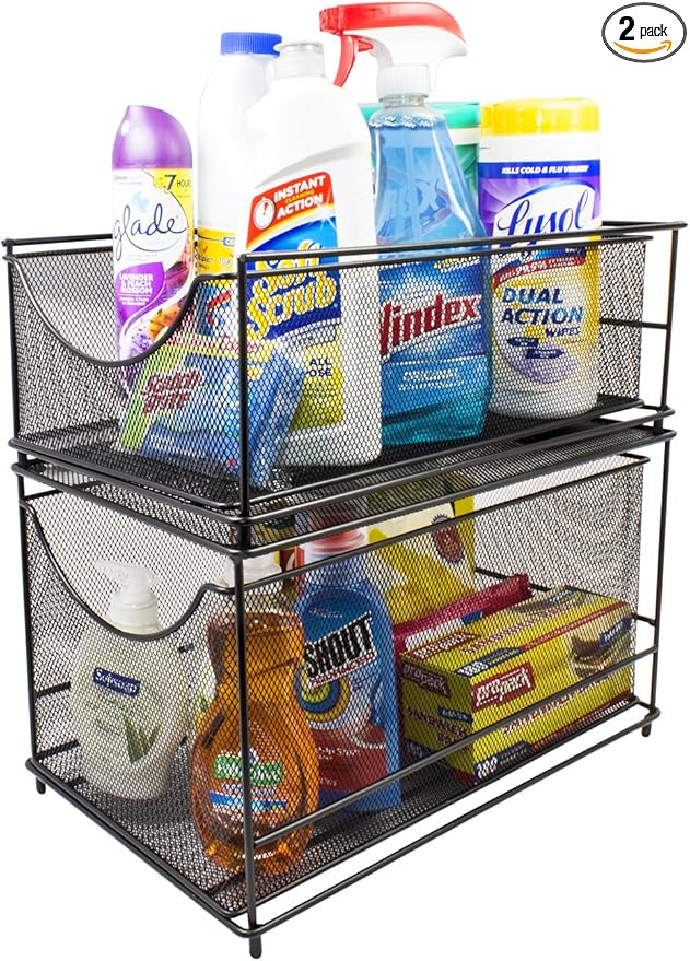 Sorbus® Cabinet Organizer Set — Mesh Storage Organizer with Pull Out Drawers—Ideal for Countertop, Cabinet, Pantry, Under The Sink, Desktop and More (Black Two-Piece Set)