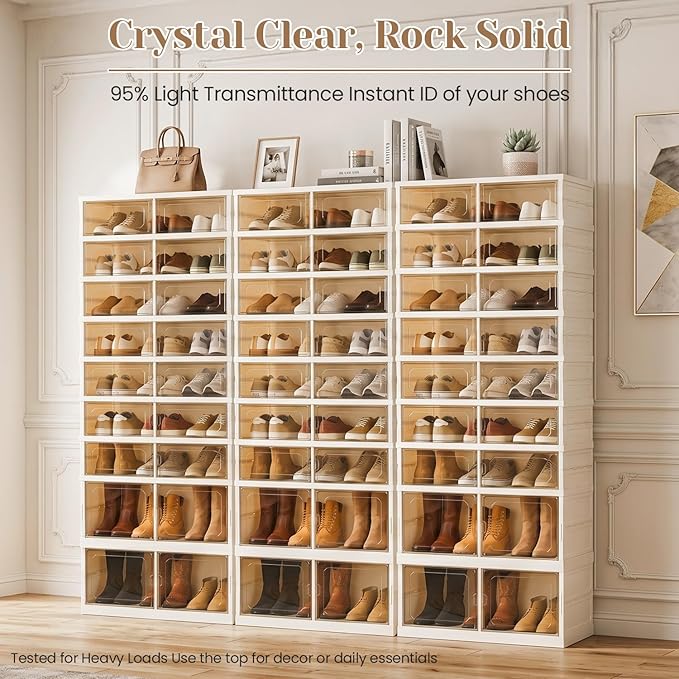 Foldable Shoe Rack with Doors, Stackable Plastic Shoe Organizer, Large Clear Shoe Storage Boxes for Closet and Entryway, Portable Collapsible Shoe Cabinet 9 Tiers, 27Pairs