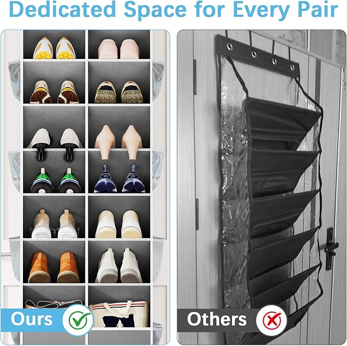 Yecaye 16-24 Pairs Over the Door Shoe Organizer, Large Capacity Hanging Shoe Rack for Door Hanger with Deep Pockets, 8 Tier Shoe Holder for Sneakers Boots Heels College Dorm Essentials, Grey