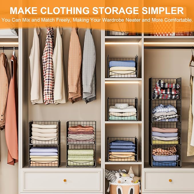 4-Tier Stackable Closet Organizers and Storage Shelves, Clothes Storage Basket