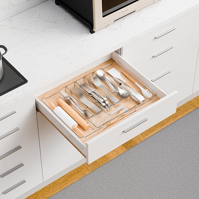 Large Clear Expandable Silverware Drawer Organizer for Kitchen
