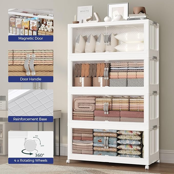 150Gal/600QT 5-Tiers Extra Large Stackable Storage Bins with Lid, Collapsible Cabinet Closet Organizer Plastic Container Box with Wheels Doors Drawers for Office Dorm Kitchen, White