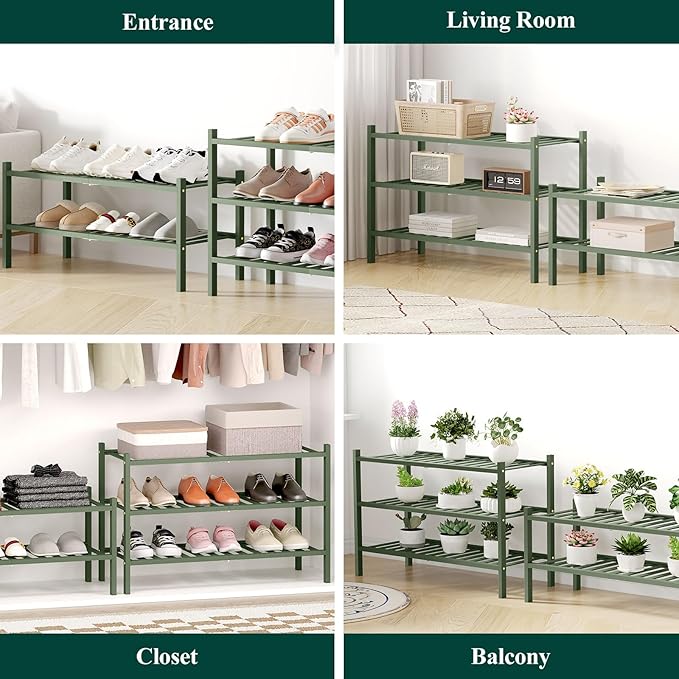 Smiry Bamboo Shoe Rack for Closet, 5 Tier Wooden Shoe Organizer, Stackable Wood Shoe Storage Shelf for Entryway, 14 Vertical Slats, 2+3 Stack Heavy-Duty Legs, 26.77"x11.02"x31.3", Green