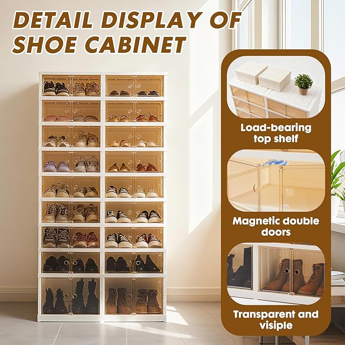 9 Tiers-36 Pairs Folding Shoe Rack Organizer Cabinet with Doors, Large Plastic Collapsible Shoes Shelf, Foldable Shoe Storage Boxes Cabinet, Easy Assembly Shoe Rack For Entryway (9 Tiers-36 Pairs)