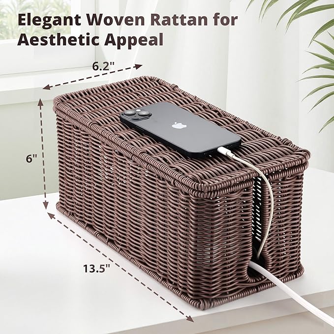 Large Cable Management Box, Handwoven Imitation Rattan Cord Organizer Cord Hider Box, Desk Cord Management Box to Hide Cords and Power Strips, 13.5" L x 6.2" W x 6" H, Dark Brown