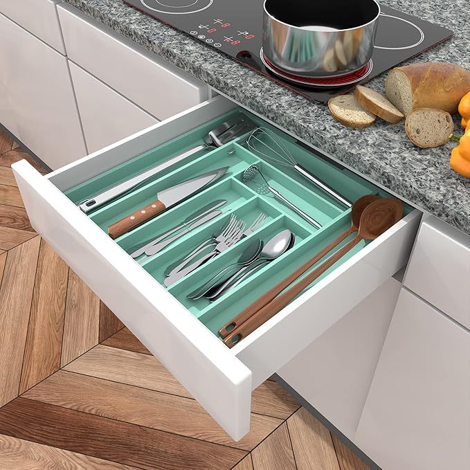Utopia Kitchen Expandable Bamboo Utensil Drawer Organizer, Silverware Organizer for Cutlery, Utensils, Flatware Holder (6-8 Slots, Mint) Pack of 1
