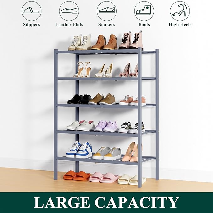 Smiry Bamboo Shoe Rack, 5 Tier Free Standing Wooden Shoe Organizer, Stackable Wood Shoe Storage Shelf for Closet, Entryway, 14 Vertical Slats, 2+2+1 Stack Heavy-Duty Legs, 26.8"x11"x32.5", Grey