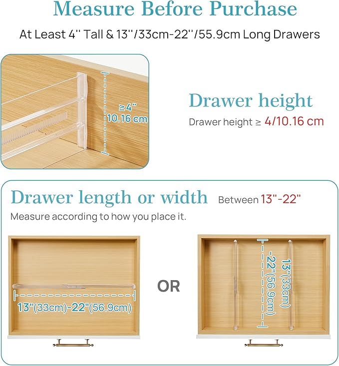 Vtopmart 4 Pack Drawer Dividers for Clothes, 4" High 13"-22" Adjustable Expandable Dresser Drawer Organizer, Clear Plastic Separators for Dresser, Baby Clothing, Underwear, Cosmetic, Toiletries