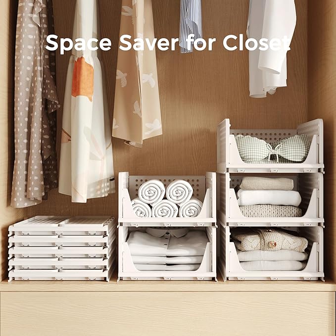 Stackable Plastic Storage Basket, Foldable Closet Organizers