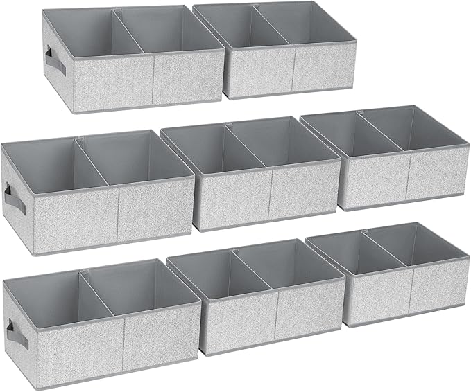 DIMJ Storage Baskets for Shelves 8 Packs - Large Trapezoid Closet Organizer Bins with Handles and Divider, Foldable Clothes Containers Box for Shelf, Towel, Book, Toy, Purse, Grey