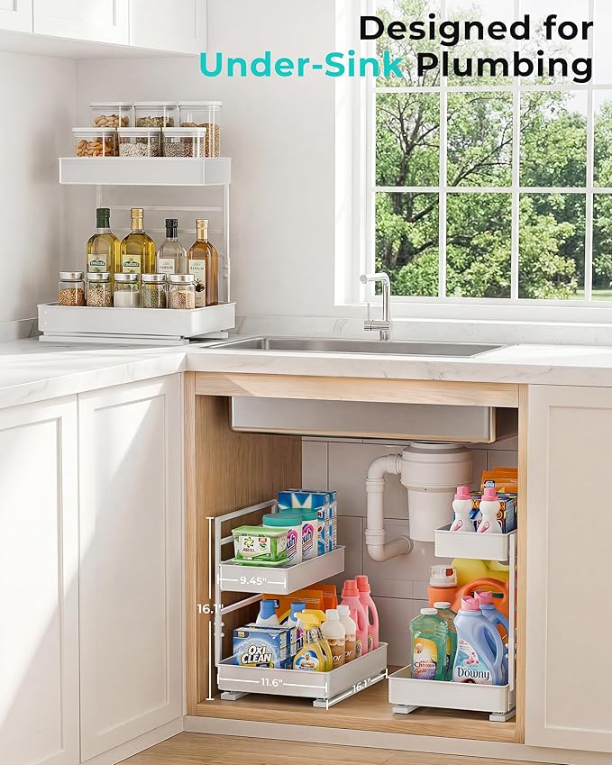 EVERIE Height Adjustable 2 Tier Metal Pull Out Slide Shelf Organizer for Framed or Frameless Under Sink Cabinets in Kitchen, Bathroom, with Snap-on Top Tray (White, 2 Sets)