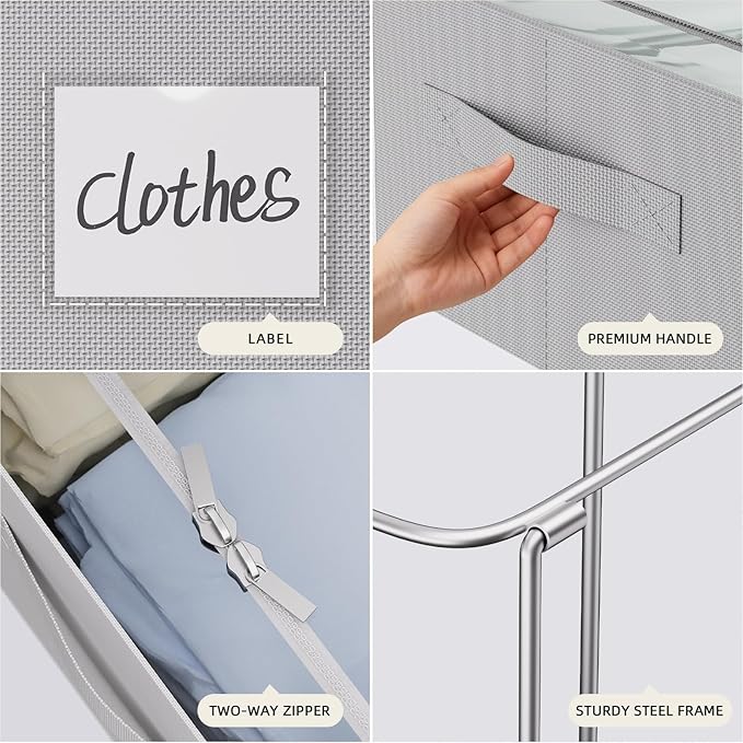 CYhom 3Pcs Under Bed Storage Bins with Metal Frame - Shoe Organizer for Closet with Clear Cover Oxford Fabric Sturdy Underbed Container Foldable Stackable Clothes Organizer (Grey, 23.5x19.7x6.3)
