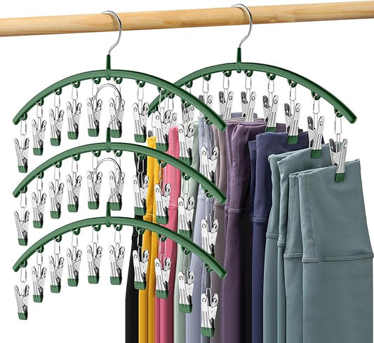Legging Organizer for Closet, Metal Yoga Pants Hangers 4 Pack w/10 Clips Holds 40 Leggings, Space Saving Hanging Closet Organizer w/Rubber Coated Closet Organizers and Storage, Green