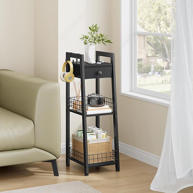 3-Tier Narrow Ladder Shelf with Drawer, Black