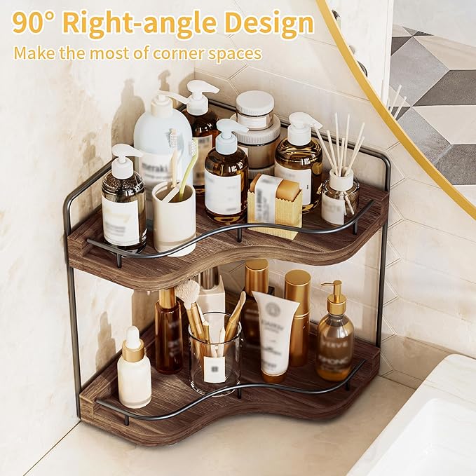 2-Tier Corner Bathroom Counter Organizers, Stable Wood Vanity Shelf for Perfume, Skincare & Makeup, Larger Size Countertop Organizer and Storage for Bathroom, Kitchen and Dresser(Dark Brown)