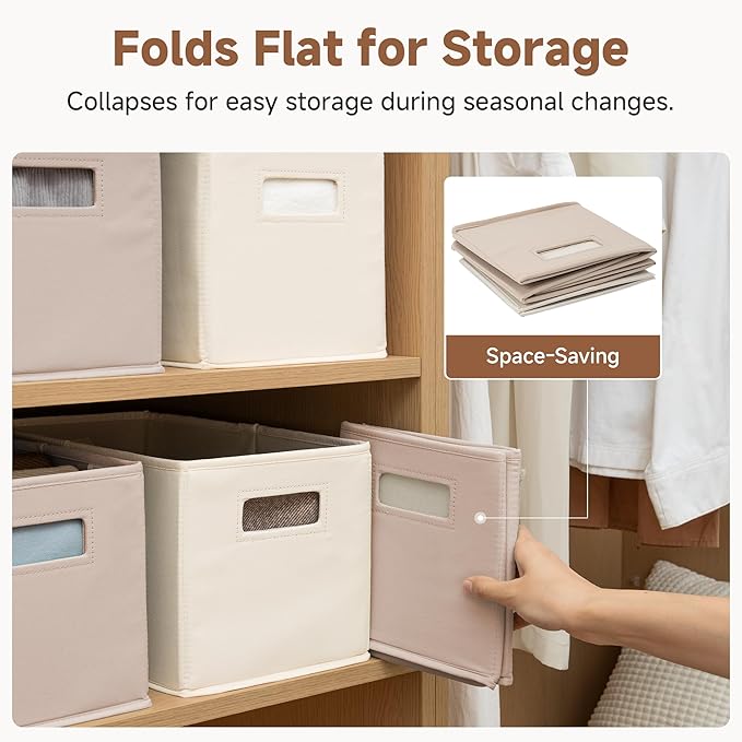 StorageWorks Fabric Storage Bins for Shelves, Closet Organizers and Storage Baskets, Collapsible Storage Bins with Cutout Handles, Medium, 4-Pack, Ivory and Light Brown