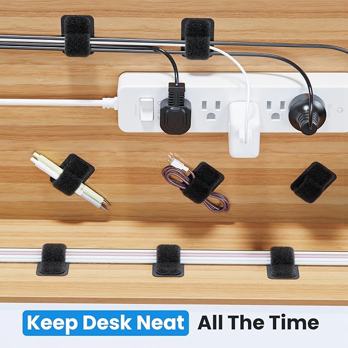 Cable Management Under Desk, 【Up to 15 Cord】【Enhanced Wire Holder】 Cord Organizer Holder, Adjustable Hook and Loop Cable Ties, Wire Clips Under Table Hider, 40 Pair(Black)