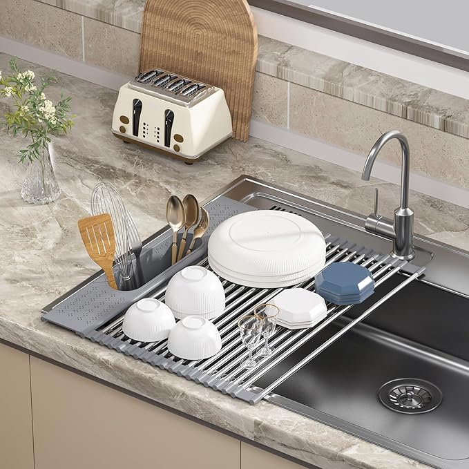 Roll Up Dish Drying Rack Over Sink, Grey