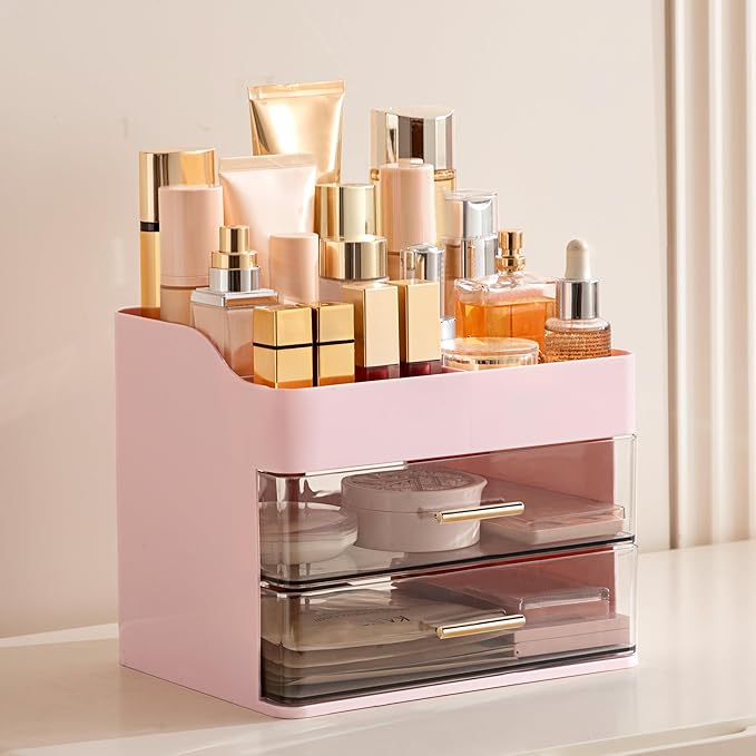 Makeup Organizer for Vanity with 2 Drawers, Pink
