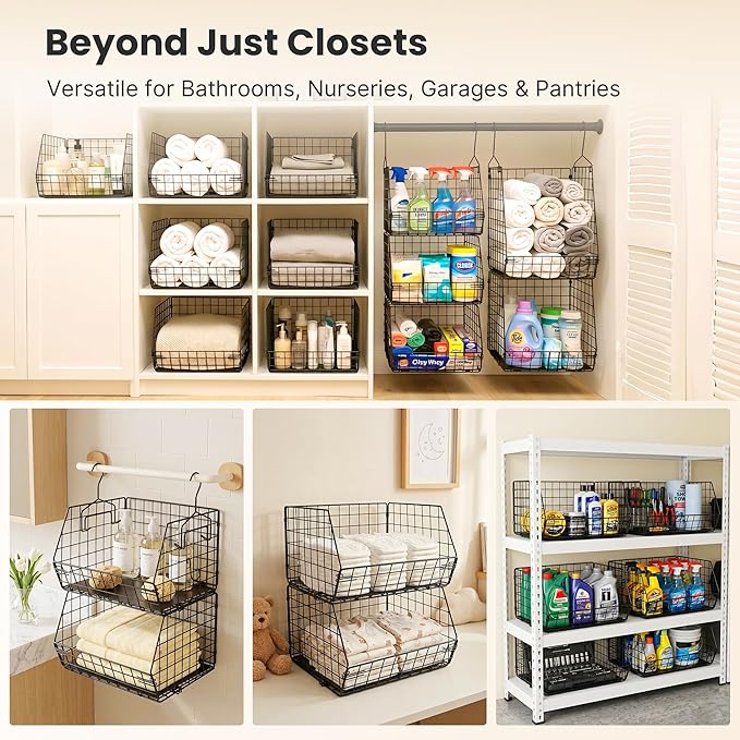 5 Tier Metal Hanging Closet Organizer with 2 Extra Tall Storage Baskets & 3 Standard Wire Baskets, Heavy Duty Foldable Closet Organizer with Snag‑Free Liners for Clothes, Jeans, Handbags, Hats