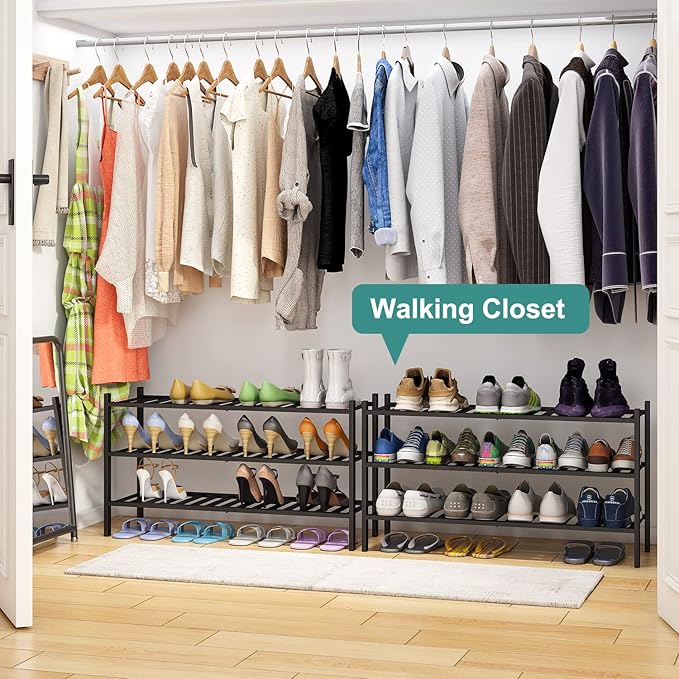 3-Tier Long Black Shoe Rack, Bamboo Wood Shoe Rack for Closet