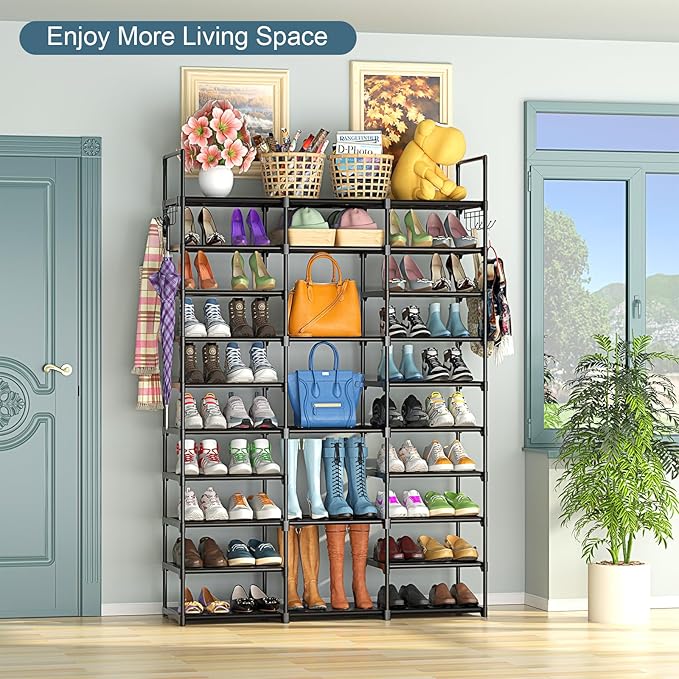 Kottwca 3 Row 10 Tier Large Shoe Rack Organizer for Closet Entryway, 60-65 Pair Shoe Boot Storage Rack, Metal Shoe Shelf Tall Vertical Stackable Shoe Stand for Bedroom Corner