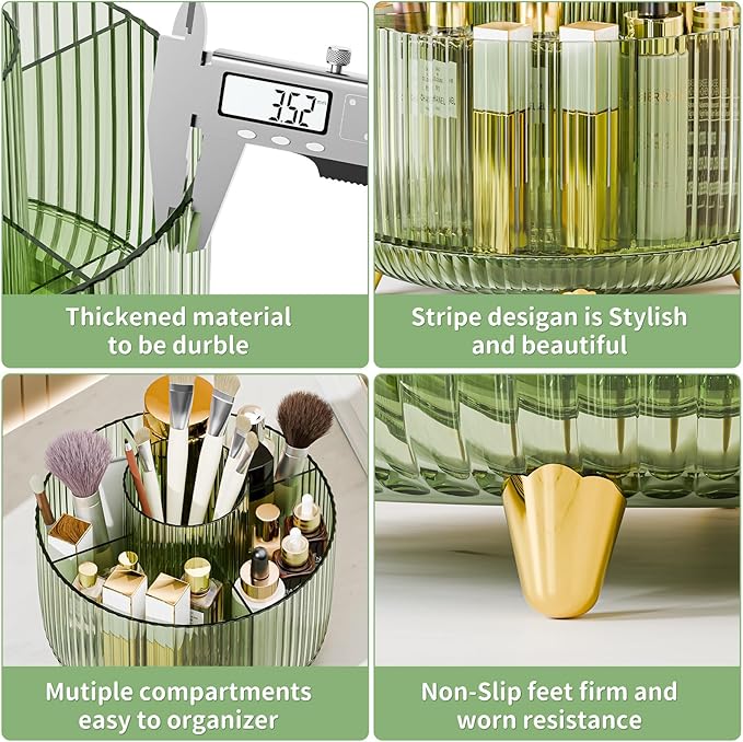Clear Rotating Makeup Organizer Countertop for Vanity, 360° Makeup Brush Holder Organizer with 5 Compartments, Transparent Cosmetic Storage for Lipstick, Skincare, Bathroom Counter(Transparent Green)