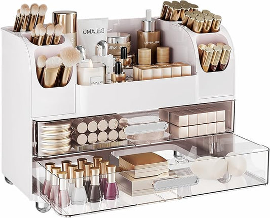 Large Makeup Organizer Countertop with 6 Brush Holders, White