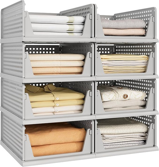 Pinkpum 8 Pack Closet Organizers and Storage Plastic Stackable Storage Bins, Foldable Drawer Shelf Storage Container for Wardrobe Kitchen Bathroom Dorm Grey