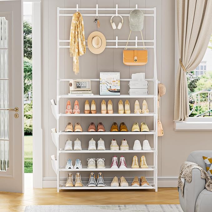 OYREL Shoe Rack 6 Tier Shoes Organizer 24-30 Pairs Shoe Racks for Closet Front Door Entrance Large Capacity Space Saving Shoe Storage Organizer with Multifunctional 5 Hooks and Side Pocket