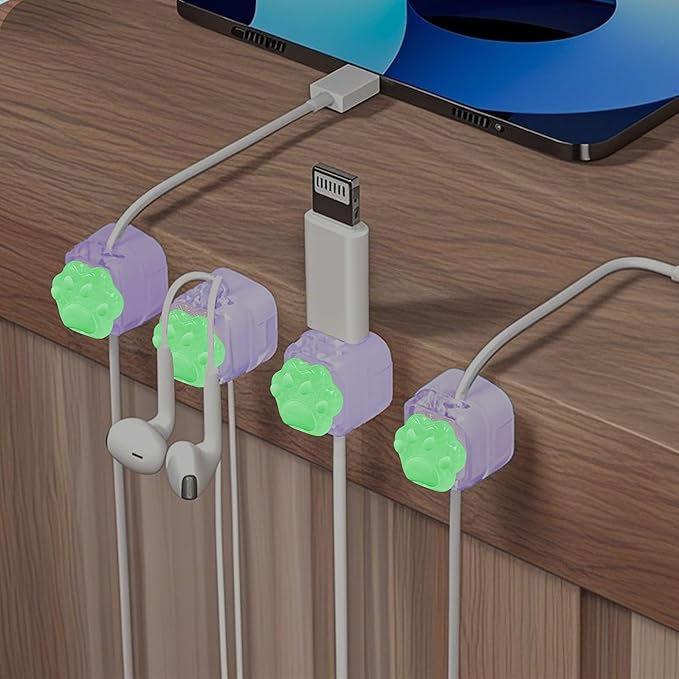 9Pack Magnetic Cable Clips for Nightstand, Adhesive Night-Glowing Cord Holder Organizer for Office Home Desk Wall Car (Purple,Cat)