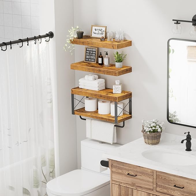 QEEIG Bathroom Shelves Over Toilet - Floating Shelf for Wall Toilet Paper Storage Farmhouse 16 inch Set of 3, Rustic Brown (029-40BN3)