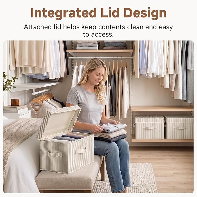 StorageWorks Fabric Storage Bins with Lid, Decorative Storage Boxes for Shelves, Stackable Closet Organizer Basket with Handles, Medium, Khaki and Beige Stripes, 2-Pack