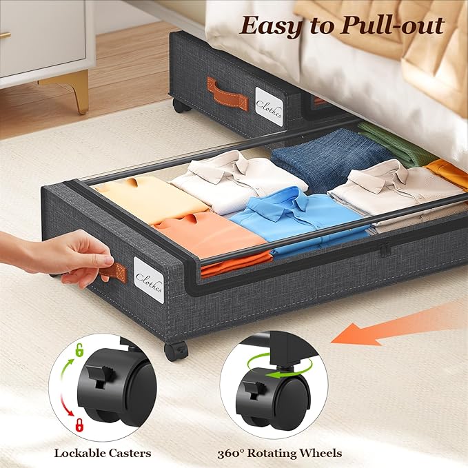 Yecaye 85 L Under Bed Storage with Wheels, 2 Pack Extra Large Under Bed Storage Containers with Metal Frame & Clear Lid, Rolling Underbed Organizer Bins Drawers for Clothes, Shoes, Blankets, Hemp Grey
