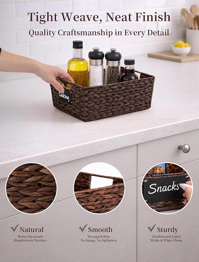 Pantry Organizers and Storage, Water Hyacinth Storage Baskets for Shelves, Brown Baskets for Organizing, Pantry Baskets with Chalkboard Labels and Marker