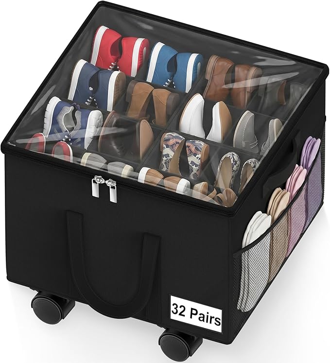 Large Shoe Organizer for Closet, Adjustable Dividers Shoe Storage Box Bins with Wheels Clear Cover Reinforced Handle Side Pocket Fits up to 16 Pairs, Foldable Shoe Organizer for Entryway Black