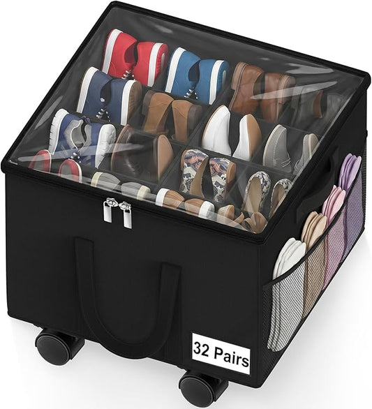 Large Shoe Organizer for Closet, Adjustable Dividers Shoe Storage Box Bins with Wheels Clear Cover Reinforced Handle Side Pocket Fits up to 16 Pairs, Foldable Shoe Organizer for Entryway Black