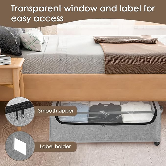 Under Bed Storage with Wheels, 4-Pack Under the Bed Storage Containers with Clear Lids & Label, Underbed Storage Bins, XXXL 85L 11 inches Rolling Metal Drawer for Clothes, Shoes, Toys, Books - Gray