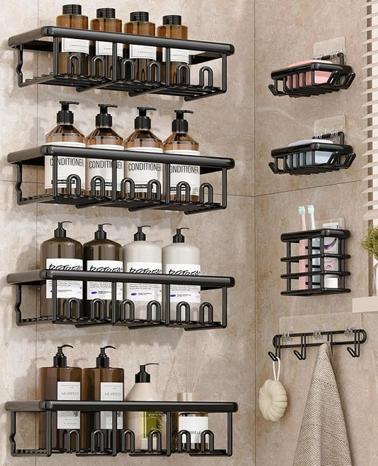8 Pack Adhesive Rustproof Shower Caddy with Soap Dishes, Black