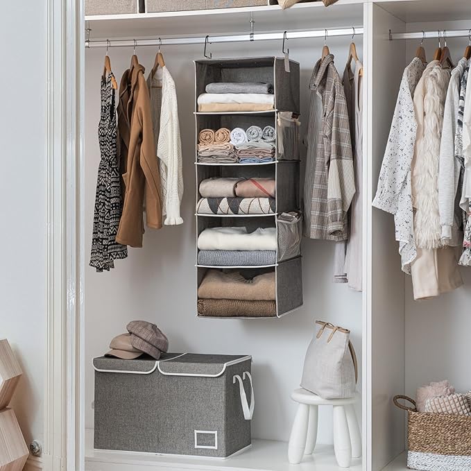 StorageWorks Hanging Closet Organizer, 5-Shelf Hanging Shelves with 2 Hooks, Foldable Space-Saving Design, Closet Organizers and Storage for Bedroom, Dorm, Locker, Gray