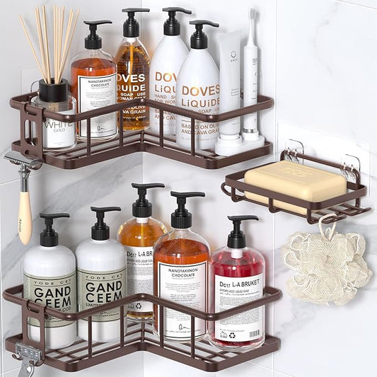 YASONIC Shower Caddy Corner, 3-Pack Adhesive Rustproof Stainless Steel Shower Shelves with Soap Holder, No Drilling Shower Organizer Corner for Dorm, Renters Bathroom, Bronze