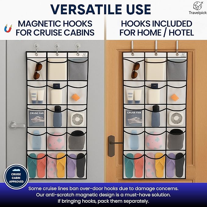 Magnetic Cruise Cabin Organizer 2026-15 Pocket Over the Door Hanging Shoe Organizer & Stateroom Storage, 40 LB Magnetic Hooks for Cruise Ship Cabin Essentials & Must Haves